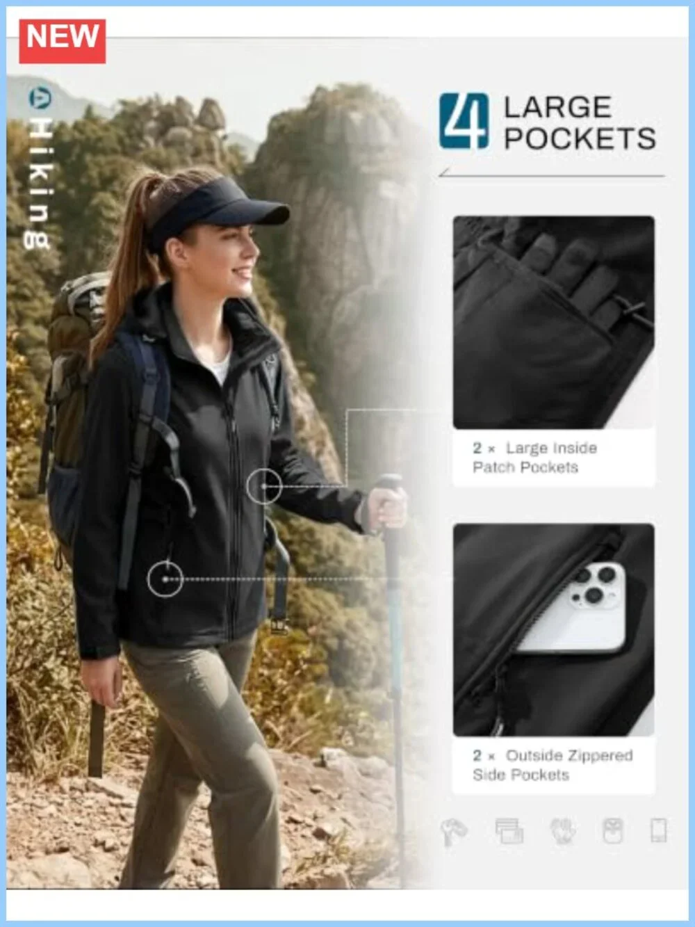 Women's Fleece Lined Waterproof Rain Jacket Softshell Coat with Removable Hood